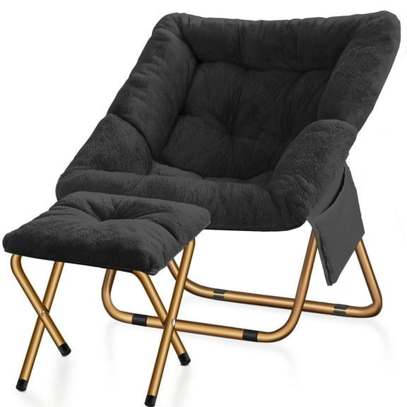 Congermom Comfy Saucer Chair, Foldable Living Room Chairs, Soft Faux Fur Lounge Chair for Bedroom, Reading Chairs for Adults, X-Large (with Ottoman, Black)