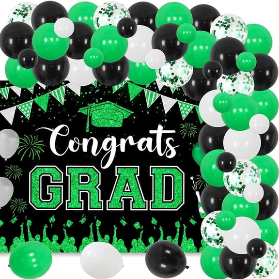 Congnats Grad Theme Party Decorations, Green and Black Graduation Party Decorations 2024 with Green Black Balloon Arch Garland kit, Graduation theme backdrop for Graduation Decor Birthday Anniversary