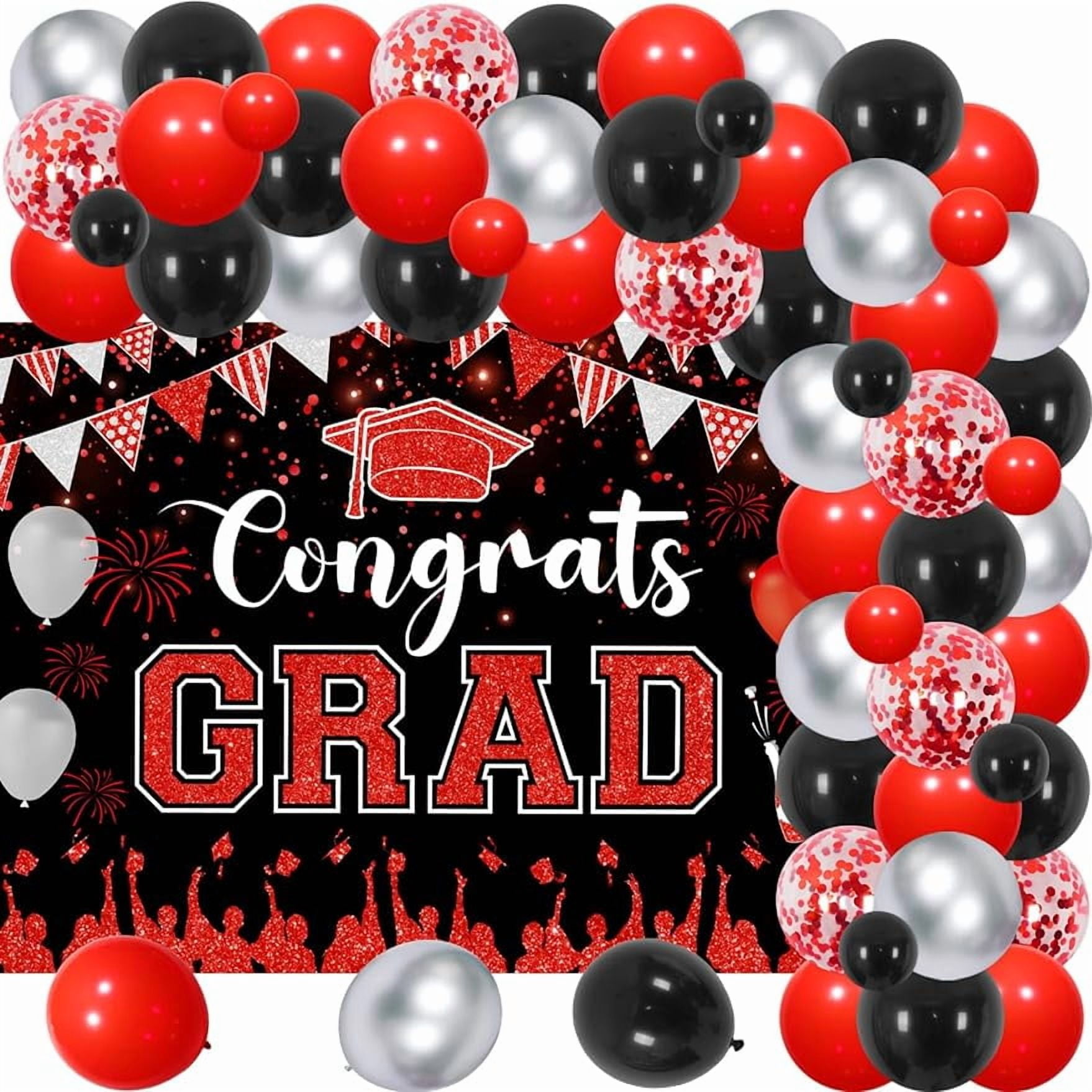 Congnats Grad Theme Party Decorations, Red and Black Graduation Party Decorations 2024 with Red Black Balloon Arch Garland kit, Graduation theme backdrop for Graduation Decor Birthday Anniversary