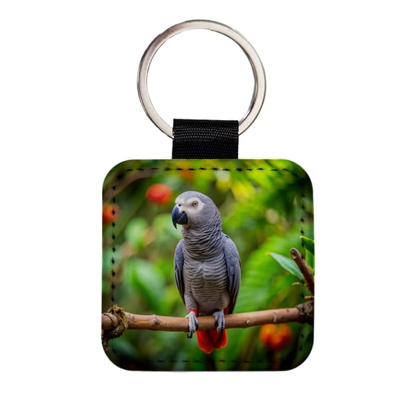 Congo African Grey Parrot Bird On Branch Faux Leather Square Keychain