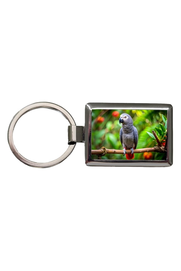 Congo African Grey Parrot Bird On Branch Metal Rectangle Keychain