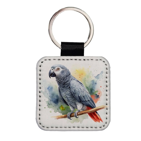 Congo African Grey Parrot Watercolor Faux Leather Square Keychain