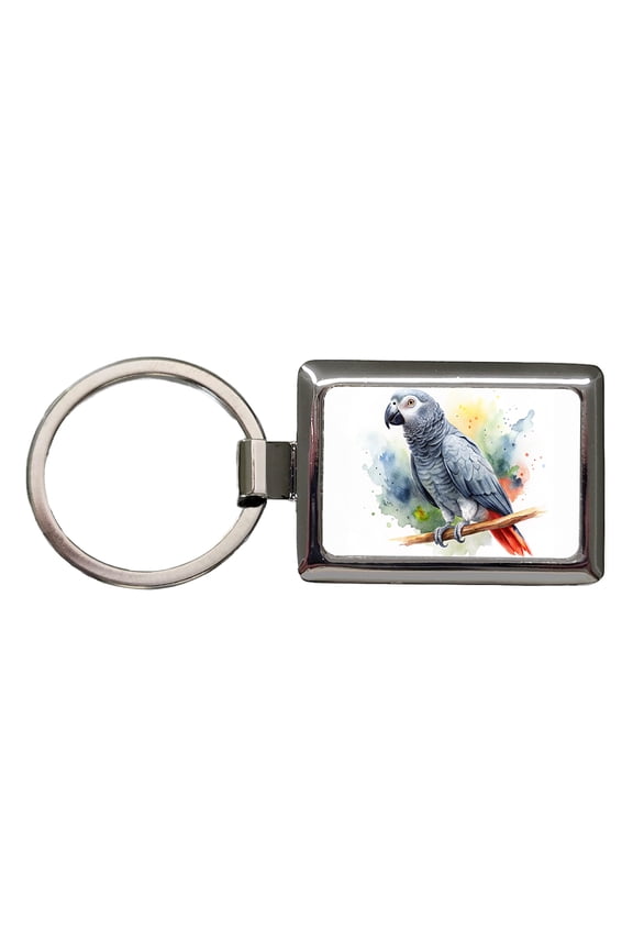Congo African Grey Parrot Watercolor Metal Rectangle Keychain
