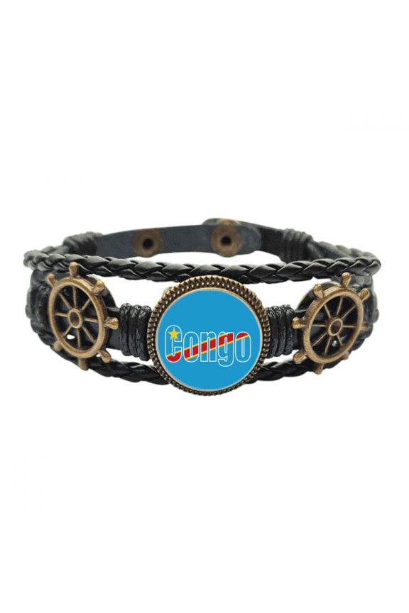 Congo Country Flag Name Art Deco Fashion Leather Braided Ocean Bracelet Wristband