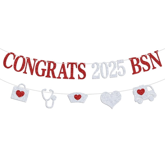 Congrats 2024 BSN Banner - Nurse Grad Party Decoration Supplies - Nursing School Survivor Graduation Party Bunting Sign/Photo Props, Silver and Red Glitter