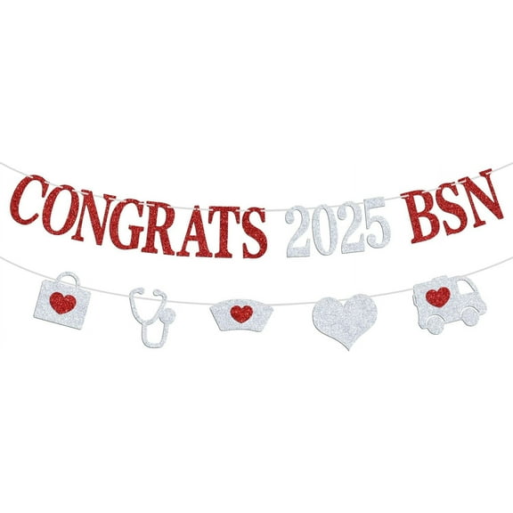 Congrats 2024 BSN Banner - Nurse Grad Party Decoration Supplies - Nursing School Survivor Graduation Party Bunting Sign/Photo Props, Silver and Red Glitter