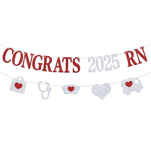 Congrats 2024 RN Banner - Nurse Grad Party Decoration Supplies - Nursing School Survivor Graduation Party Bunting Sign/Photo Props, Silver and Red Glitter