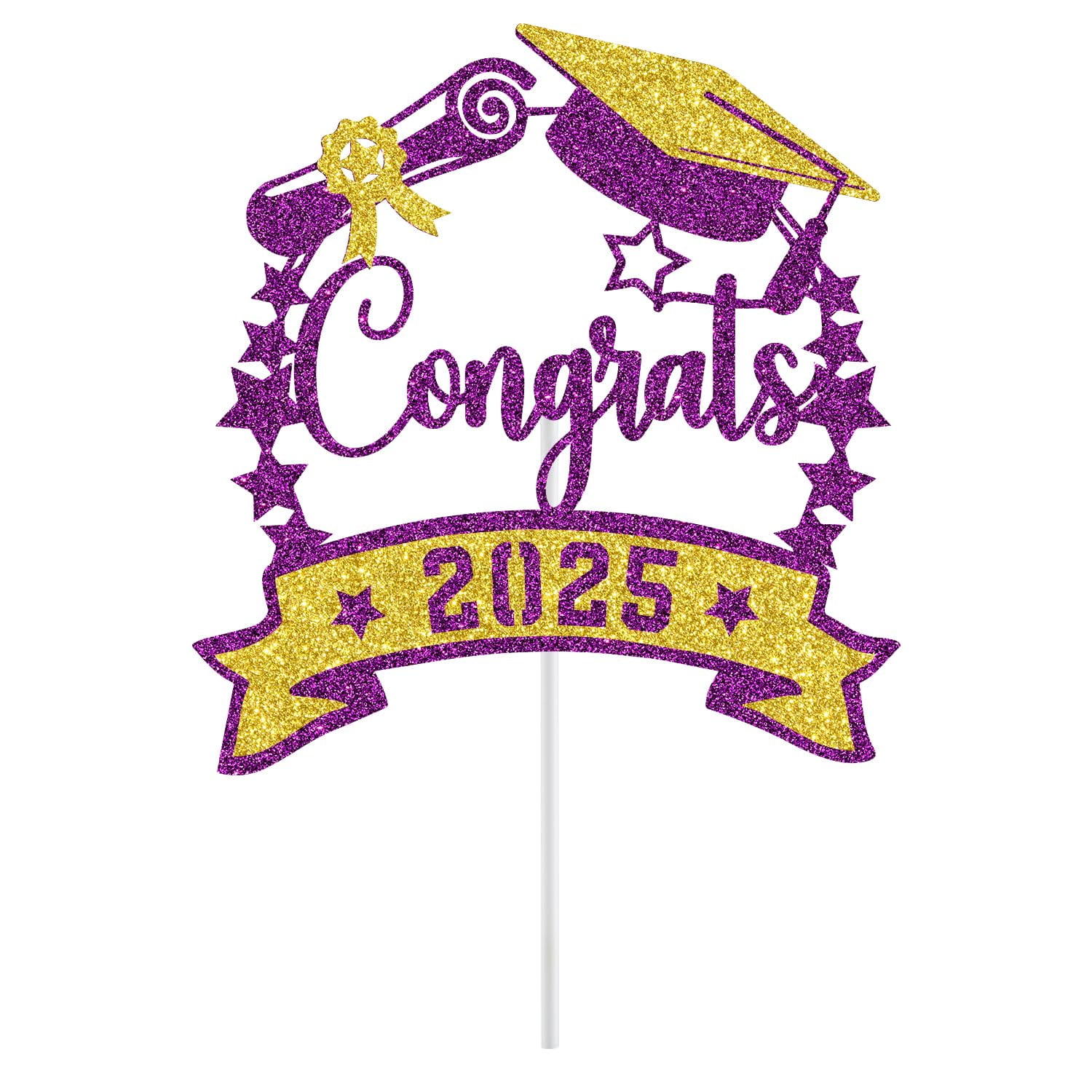 Class Of 2025 Cake Topper - Purple & Gold Glitter Graduation Decor For Cakes & Desserts