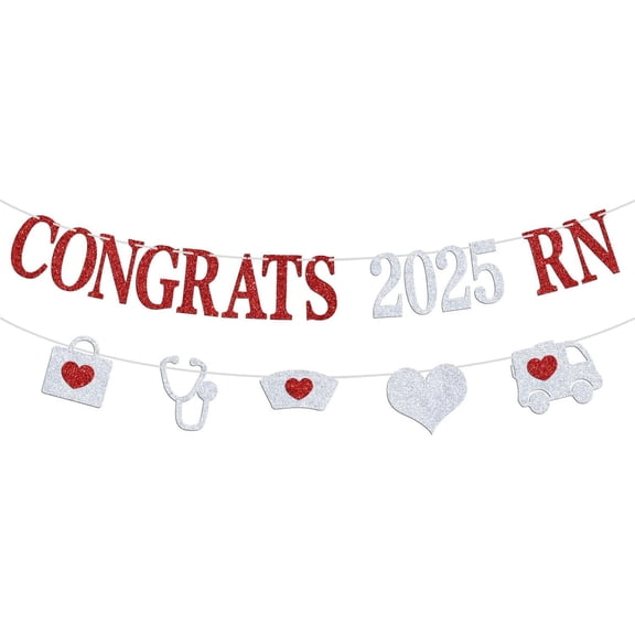 Congrats 2025 RN Banner, Future Registered Nurse, Nurse Grad Party Decoration Supplies - Nursing School Survivor Graduation Party Bunting Sign/Photo Props, Silver and Red Glitter