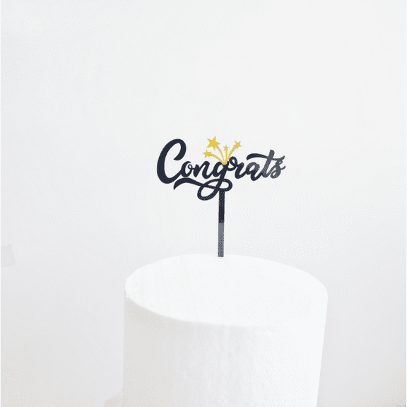 Congrats Acrylic Cake Topper, Black with Gold Stars, Congratulations Party Decoration