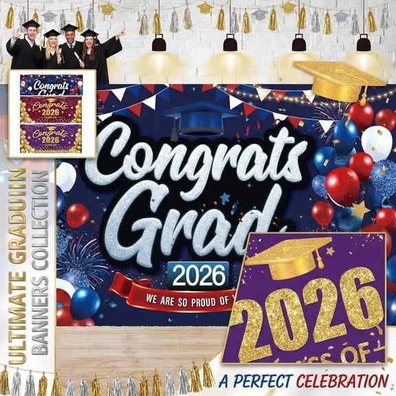 Congrats Class of 2026 Banner Blue Gold Graduation Decorations - Large 2026 Graduation Backdrop, Gold Congratulations Banner Grad Party Decorations Class of 2026-70.9*43.3 Inch