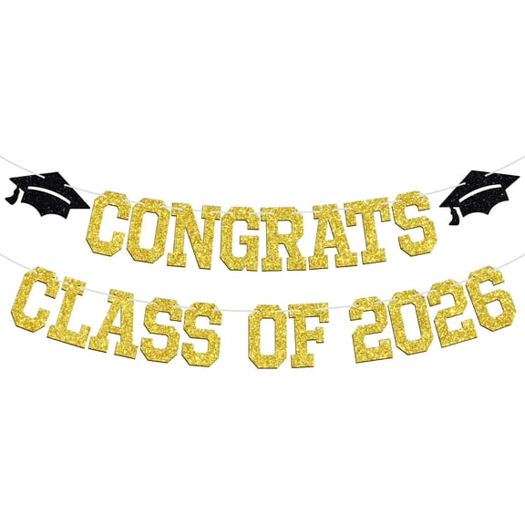 Congrats Class of 2026 Banner, You Did It/Congrats Grad Bunting Sign, 2026 High School College Graduation Party Decorations Supplies Gold & Black Glitter