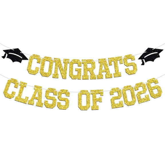 Congrats Class of 2026 Banner, You Did It/Congrats Grad Bunting Sign, 2026 High School College Graduation Party Decorations Supplies Gold & Black Glitter
