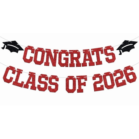 Congrats Class of 2026 Banner, You Did It/Congrats Grad Bunting Sign, 2026 High School College Graduation Party Decorations Supplies Red & Black Glitter