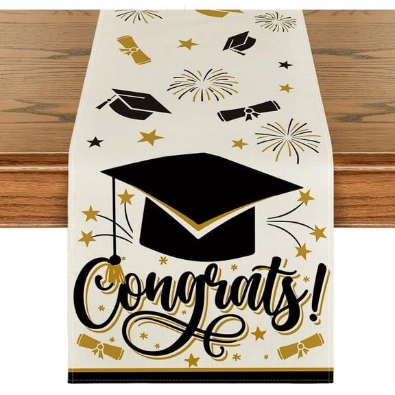 Congrats Diploma Cap Graduation Table Runner, 2024 Fireworks Holiday Kitchen Dining Table Runners for Home Party Decor 13x72 Inch