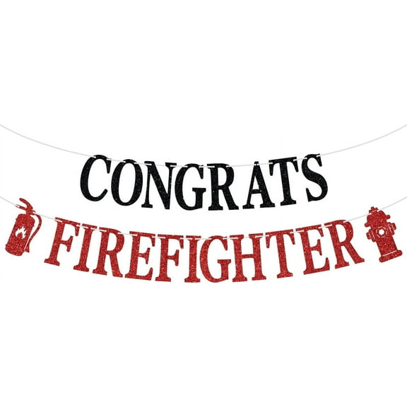 Congrats Firefighter Banner, Class of 2025/Congrats Grad, Fire Department Academy Graduate Graduation Party Decoration Supplies for Fireman, Black and Red Glitter