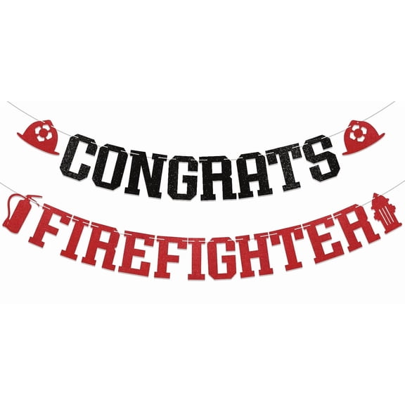Congrats Firefighter Banner - Fireman Graduation Decorations, Fire Academy Graduation Party Decoration Supplies for Fireman Black Red Glitter