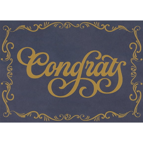 Congrats: Gold Foil Script and Curving Borders on Blue Congratulations Card