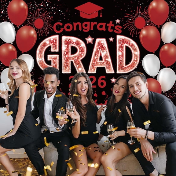 Congrats Grad 2026 Banner, Large Graduation Banner Red Graduation Party Decorations, Class of 2026 Grad Photo Backdrop Graduations Party Supplies 7x5ft