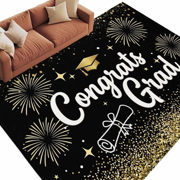 Congrats Grad Area Rug 6x9 Washable Rug Non Slip Graduation Hat Golden Sparkle Dots Firework Large Area Rug Soft Stainresistant Indoor Floor Carpet for Living Room Bedroom Office Dining Room Nursery