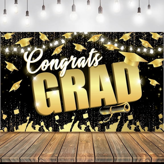 Congrats Grad Backdrop 6x4ft Black and Gold Graduation Backdrop 2024 for Graduation Decorations Class of 2024 Congrats Grad Banner, 2024 Graduation Party Decorations