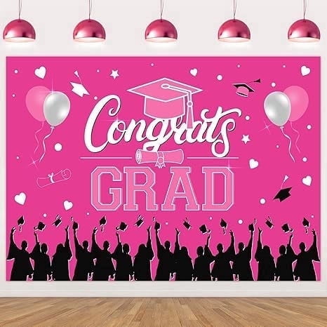 Congrats Grad Backdrop Banner Pink 7*5 ft Graduation Backdrop Decoration Class of 2026 Hot Pink Were So Proud of You Finally Done Banner Graduation Decor for Senior High School College Graduation