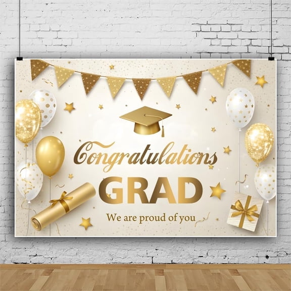 Congrats Grad Backdrop Class of 2026 Graduation Background Golden White Balloon Gift Congratulate Graduate Party Decorations Banner Photo Booth Props
