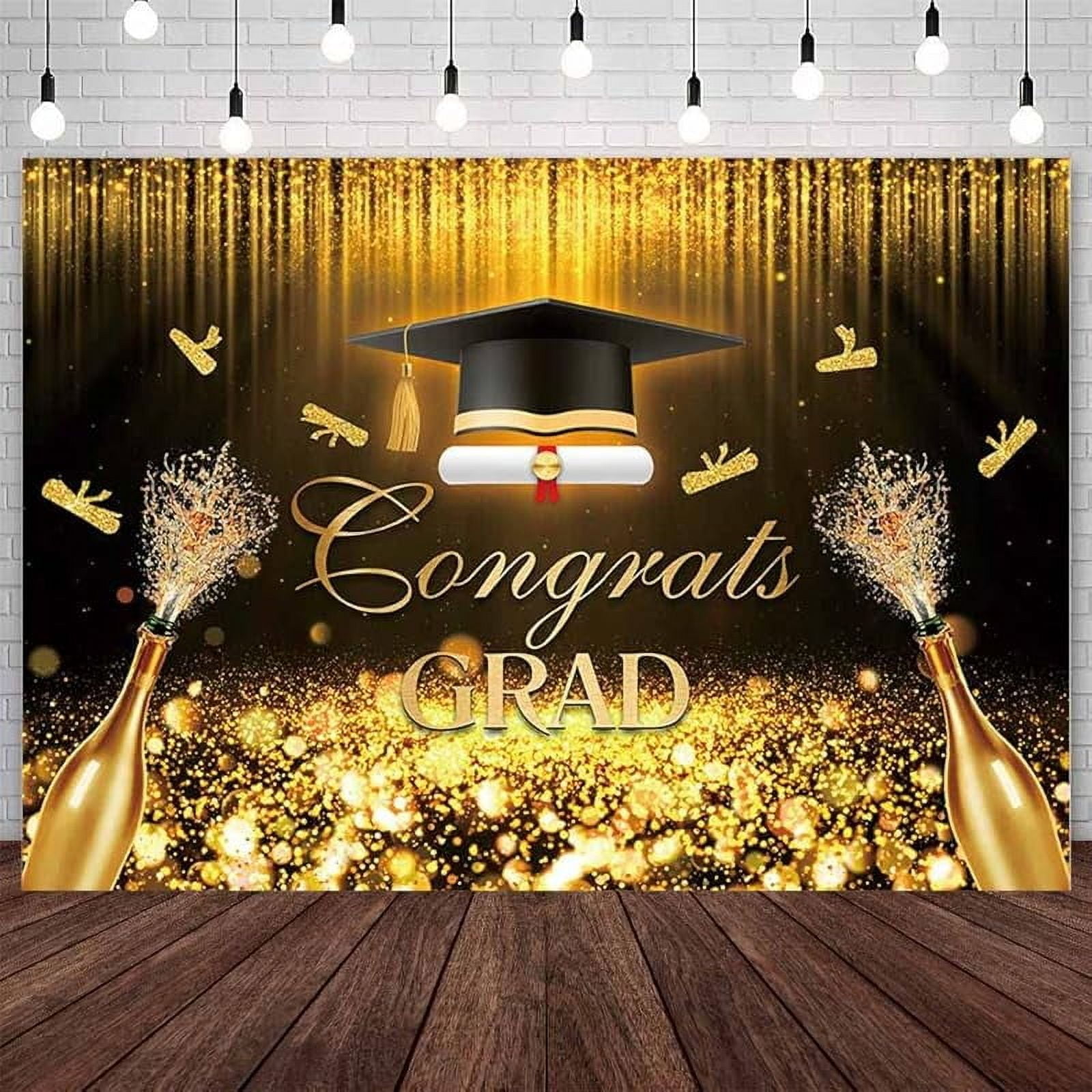 Congrats Grad Backdrop Gold Glitter Graduation Party Decorations Class ...