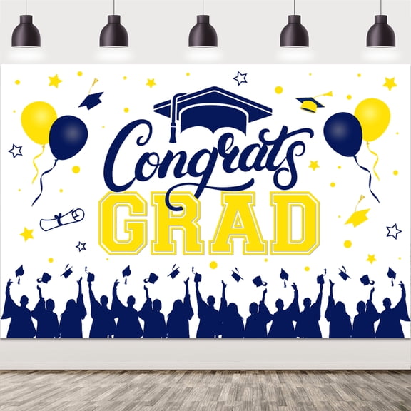 Congrats Grad Backdrop,Graduation Backdrop Banner, Graduation Party Decorations 2023 Yellow and Blue, Graduation 2023 Photography Background for 2023 Graduation Party Decorations, Congrats Grad Banner