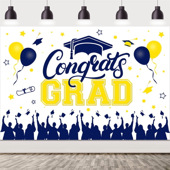 Congrats Grad Backdrop,Graduation Backdrop Banner, Graduation Party decor 2023 Yellow and Blue, Graduation 2023 Photography Background for 2023 Graduation Party decor, Congrats Grad Banner