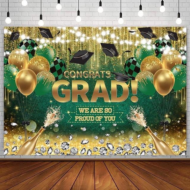 Congrats Grad Backdrop Green Gold Glitter Diamond Class of 2026 ...