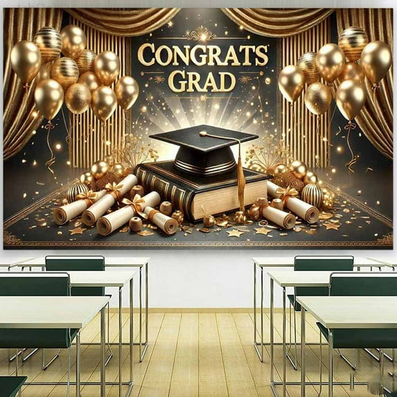 Congrats Grad Backdrop - Polyester Photo Booth Background, Wrinkle Resistant Graduation Party Decor, Multicolor Celebration Banner for Wall