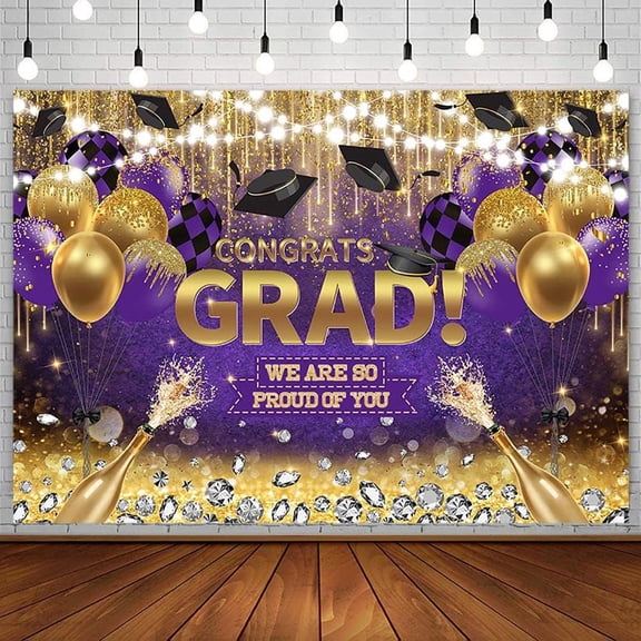 Congrats Grad Backdrop Purple Gold Glitter Diamond Class of 2026 Graduation Background Congratulate Graduate Party Decorations Banner Photo Booth Props