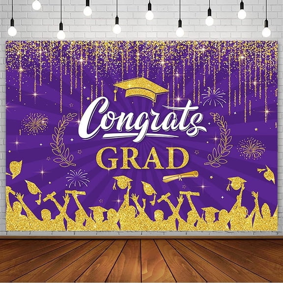 Congrats Grad Backdrop Purple Gold Graduation Photography Background Class of 2024 Celebration Prom Party Decorations Congratulations on Graduation Banner Photo Booth Studio Props