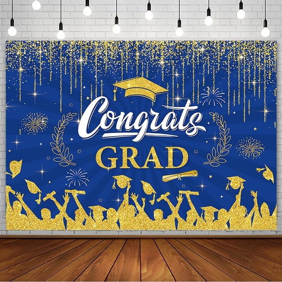 Congrats Grad Backdrop Royal Blue Gold Graduation Photography Background Class of 2024 Celebration Prom Party Decorations Congratulations on Graduation Banner Photo Studio Props