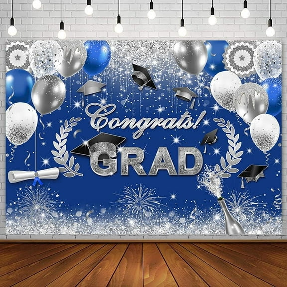 Congrats Grad Backdrop Royal Blue Silver Graduation Photography Background Class of 2023 Celebration Prom Party Decorations Congratulations on Graduation Banner Photoshoot Props