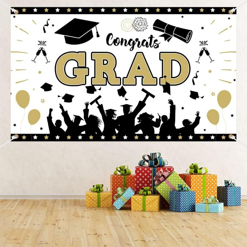 Congrats Grad Banner 2023 Graduation Black and Gold Party Supplies ...