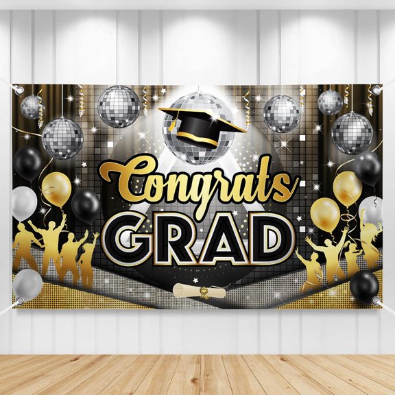 Congrats Grad Banner - 72x44 Inch, Graduation Backdrop Class of 2026 for Black and Gold Graduation Decorations 2026 Disco Grad Banner Prom Night, Graduation Banner for Graduate Party,