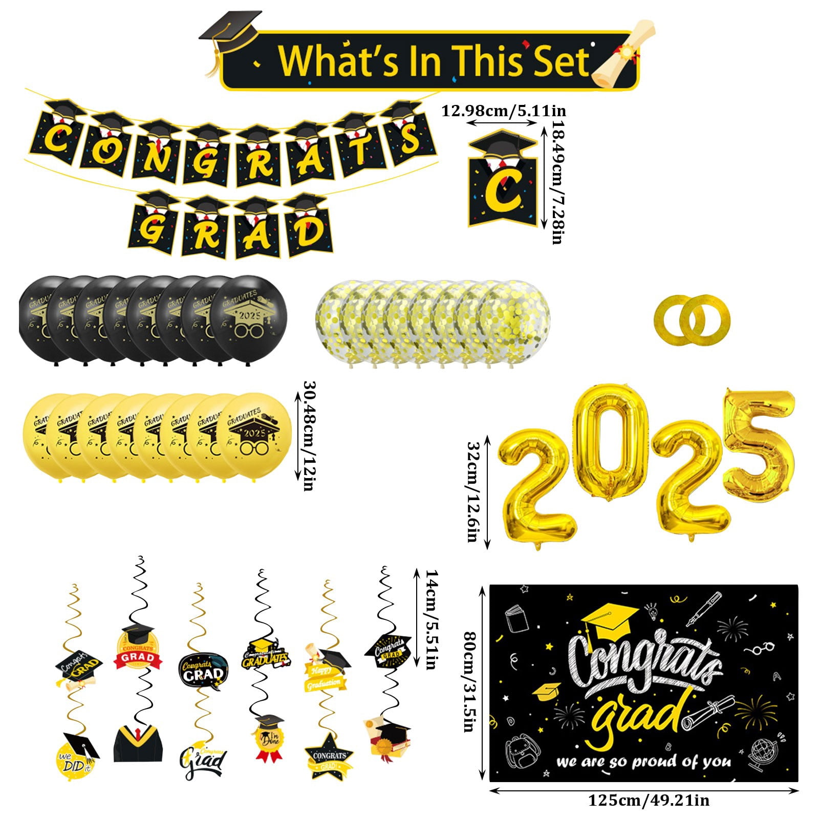 15-Pack 2025 Graduation Decor Set - Black & Gold Congrats Banner, Swirls, Honeycomb Decorations