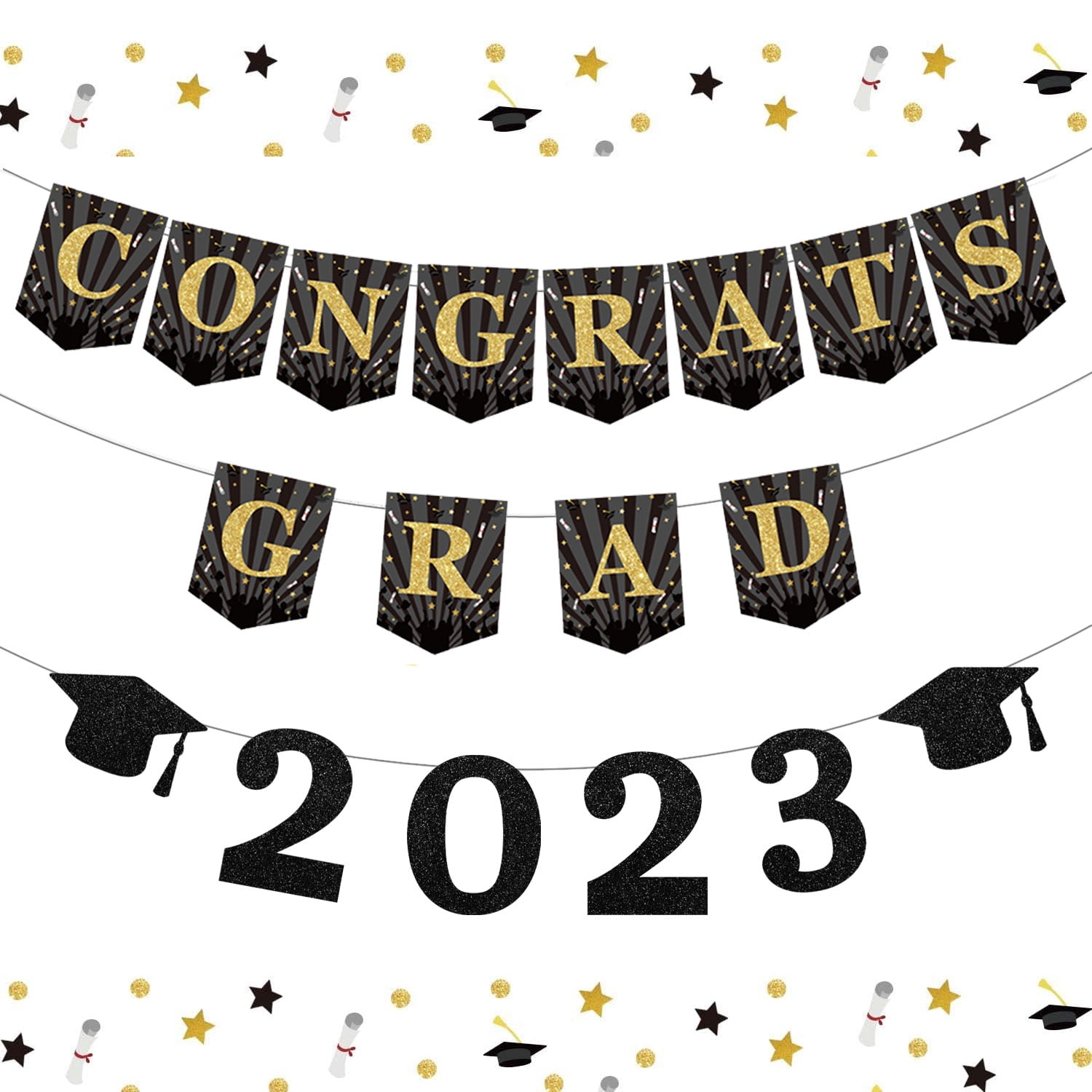 Congrats Grad Veranda-Banner – Schwarz & Gold, Für Abschlussfeiern & Gartenpartys