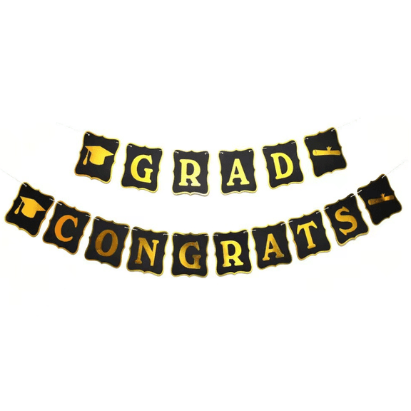Congrats Grad Banner, Black and Gold, Graduation Party Decoration, Letter Bunting Sign