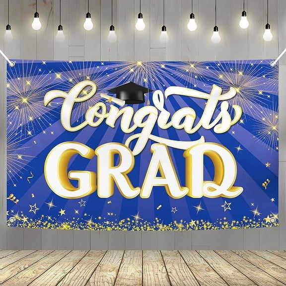 Congrats Grad Banner Blue- Big, 72x44 Inch,Blue Graduation Banner Backdrop, Blue and White Graduation Decorations 2025, Graduation Party Decorations 2025