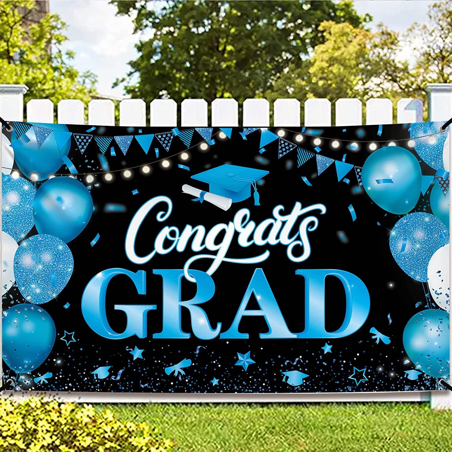Congrats Grad Banner, Blue and Black Graduation Decorations Class of