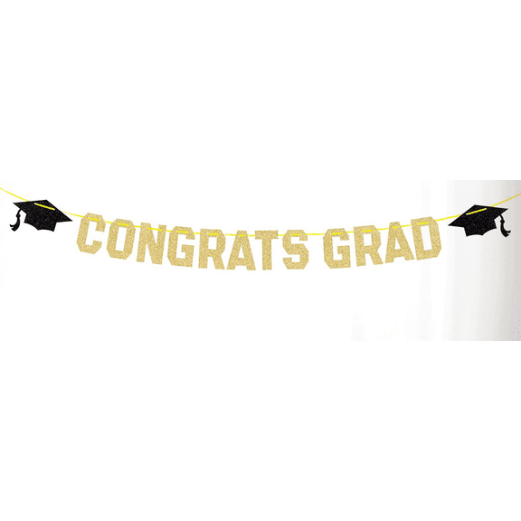 Congrats Grad Banner, Gold Glitter Letters, Graduation Party Decoration, Graduation Cap Theme