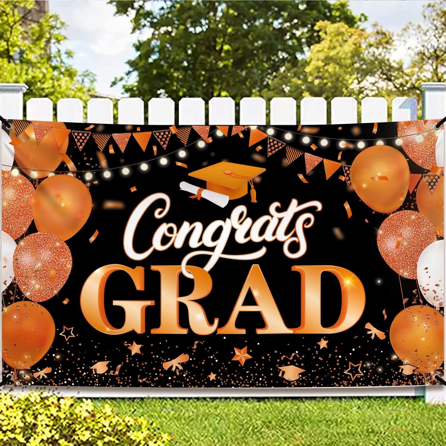 Congrats Grad Banner, Orange and Black Graduation Decorations Class of