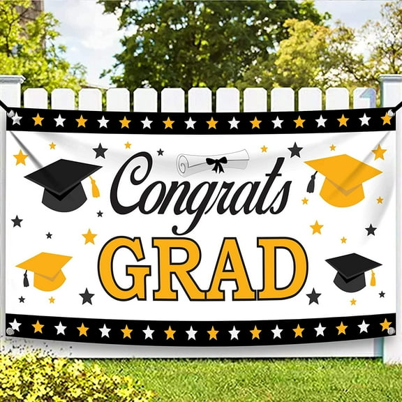 Congrats Grad Banner, White and Black Graduation Decorations Class of 2024 Graduation Backdrop, 2024 Graduation Party Decorations