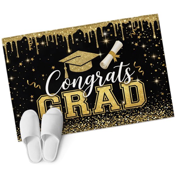 Congrats Grad Bathroom Rug Washable 2x3 Entryway Rug Non Slip Congratulations Golden Sparkle Graduation Cap Front Door Mat Low Pile Indoor Doormat Throw Floor Carpet for Kitchen Bedroom Entrance