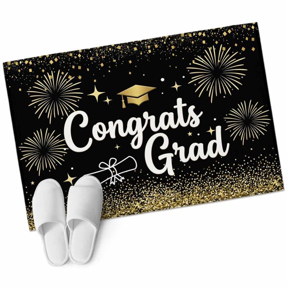 Congrats Grad Bathroom Rug Washable 2x3 Entryway Rug Non Slip Graduation Hat Golden Sparkle Dots Firework Front Door Mat Low Pile Indoor Doormat Throw Floor Carpet for Kitchen Bedroom Entrance