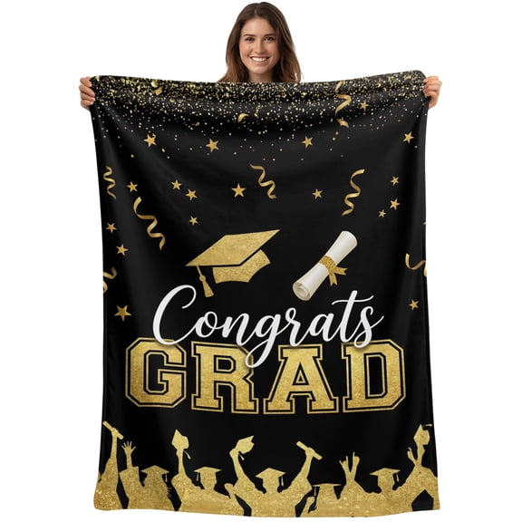 Congrats Grad Blanket Soft Cozy Warm Twin Blanket for Bed, Plush Fuzzy Flannel Blankets for Sofa, Congratulations Golden Ribbon Stars Black Throw Blankets for Couch, Gifts for Women, 60"x80"