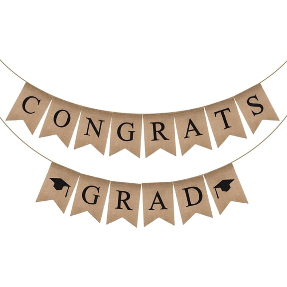 Congrats Grad Burlap Banner with Graduation Cap, Rustic Jute Pennant Garland for Graduation Party Class of Home Mantel Photo Prop Decorations